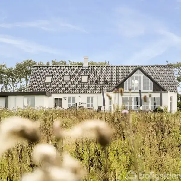 En moderne, hvid villa med mørkt tag står stille omgivet af en mark med højt græs og vilde blomster. Bag villaen ses en træbevokset horisont mod en blå himmel.
