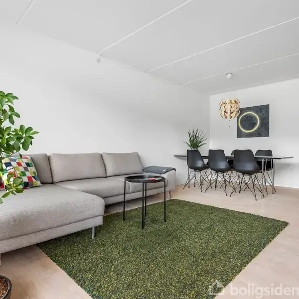 Grå hjørnesofa står ved siden af en stueplante på en grøn tæppe. I baggrunden ses et spisebord med sorte stole og et kunstværk på væggen.