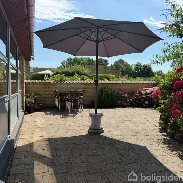 Parasol står åben på en solrig terrasse med flisebelægning. Rundt om står blomstrende buske og haveplanter, mens et lille sæt havemøbler ses i baggrunden.