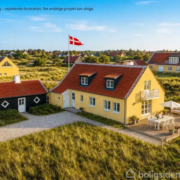 Gult hus med rødt tag står i strandmiljø ved siden af sort anneks. Dannebrog vajer fra flagstang. Terrassen har havemøbler. Tekst: "AI-genereret visualisering - vejledende illustration. Det endelige projekt kan afvige."