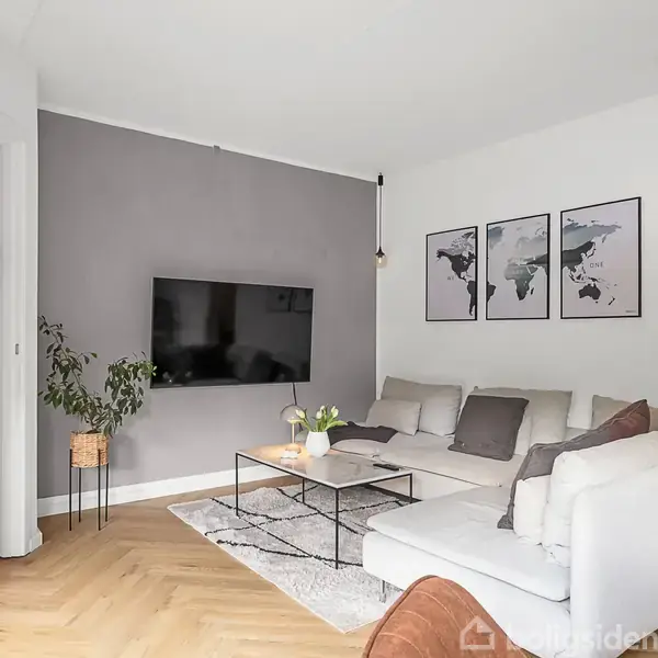 En stue har en hvid sofa og et sort sofabord på et mønstret tæppe. Der hænger et fladskærms-tv på en grå væg. Væggen har verdenskort plakater. En plante står ved siden af tv’et.