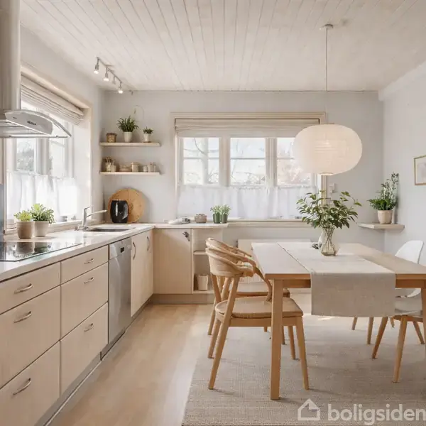 Køkken med lyst træbord omgivet af stole; en stor lampe hænger over bordet. Køkkenet har lyse skabsfronter, stor ovn, og planter på hylderne. Vinduet giver naturligt lys.