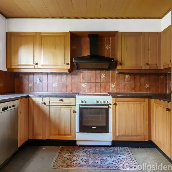 Et køkken med træskabe og -skuffer samt en opvaskemaskine til venstre. En komfur med ovn står centralt placeret under en emhætte. Flisevægge og tæppe på gulvet.