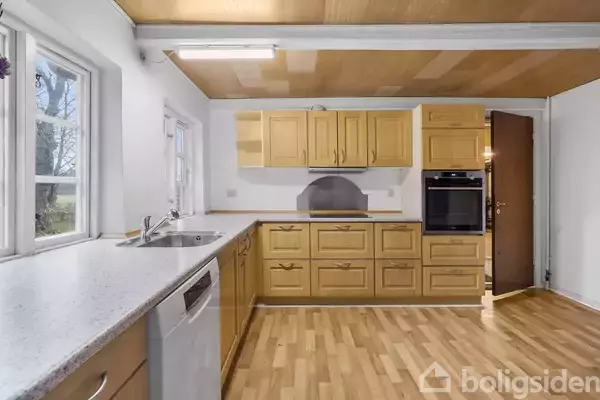 Køkken med træskabe langs væggen og en indbygget ovn, placeret tæt på en dør. Bordplade med vask og opvaskemaskine ved siden af et vindue, som giver udsigt til naturen udenfor.