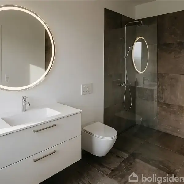 Et moderne badeværelse med en hvid vask med skuffer, et væghængt toilet, spejl med baggrundsbelysning og en bruser i en bruseniche. Rummet har mørke fliser og naturligt lysindfald.