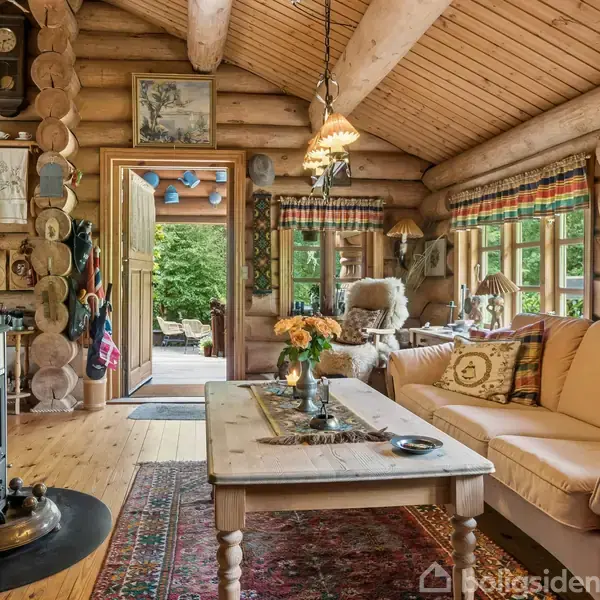 En hyggelig stue med trævægge og loft, indeholder en sofa, bord med blomster, brændeovn og tæppe. Store vinduer giver udsigt til grønne omgivelser, og en dør fører udenfor.
