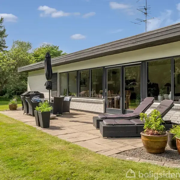 En flad taghus med store vinduer og udendørs terrasse. Solsenge og planter står på terrassen. Grønne træer og velplejet græsplæne omgiver huset. Skyfri blå himmel i baggrunden.