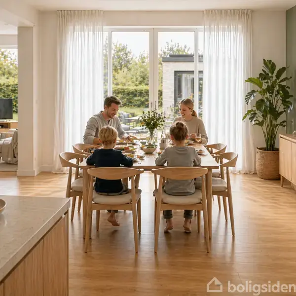 En familie på fire sidder ved et spisebord, spiser sammen. Bordet er i en lys stue med træmøbler og grønne planter, store vinduer bagved giver udsigt til en have.
