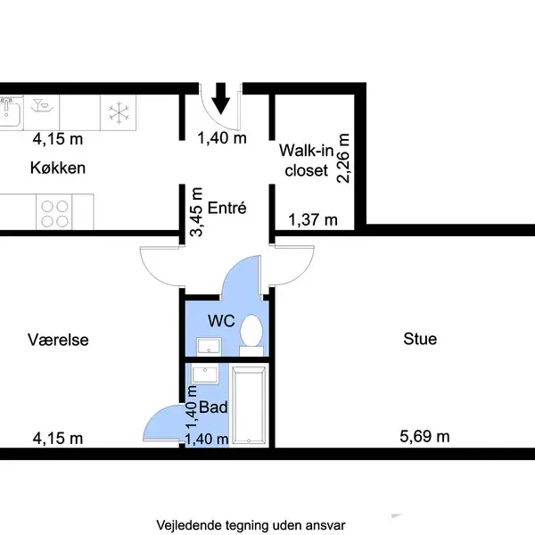 Plantegning viser en lejlighed med køkken (4,15 m x 2,26 m), værelse (4,15 m x 3,72 m), stue (5,69 m x 3,73 m), entré (1,40 m x 3,45 m), walk-in closet (1,37 m x 2,26 m), WC/bad (1,40 m x 1,40 m). Kompas indikerer nord. Tekst: "Vejledende tegning uden ansvar".