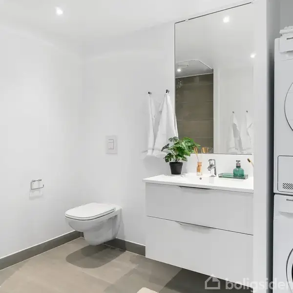 Et moderne badeværelse med væghængt toilet, en hvid håndvask med spejl, og en vaskesøjle med vaskemaskine og tørretumbler. En plante står ved siden af sæbedispenseren.