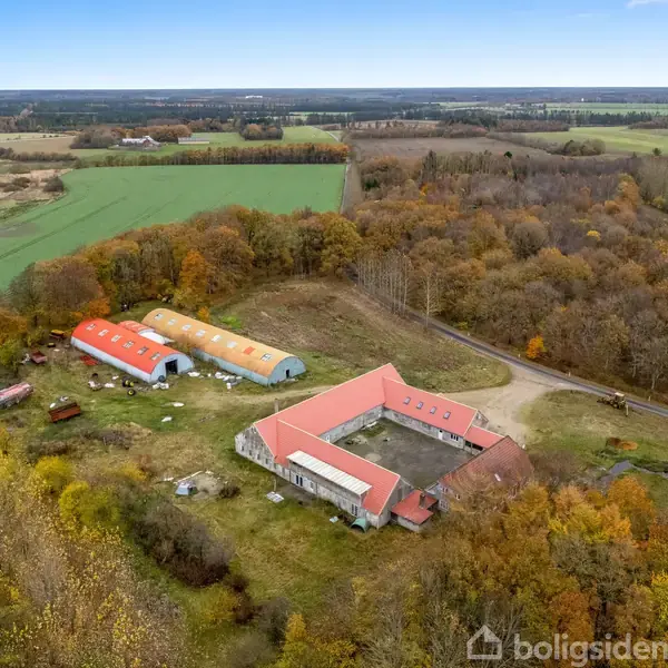 Bygninger med rødtag og avlsstald ligger i en åben mark omgivet af skov og marker. Marker er grønne, og skov viser efterårets brune nuancer. Falkeperspektiv giver vid udsigt.