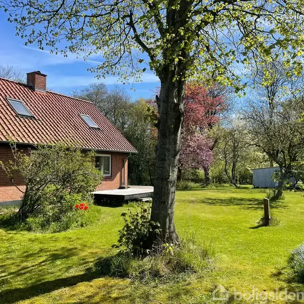 Et rødt murstenshus med skråt tegltag står omgivet af en frodig have. Træer og buske pryder plænen under en skyfri blå himmel.