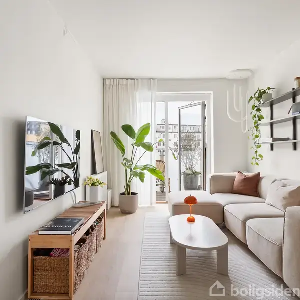 En lys stue med en beige sofa og et lavt sofabord står ved siden af en balkon med åben dør. En stor plante og vægmonteret TV er synlige.
