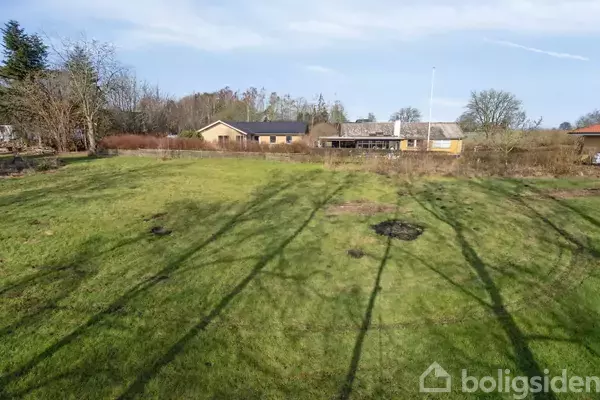 En græsplæne med lange skygger fra træer strækker sig mod en række huse i baggrunden. Omkring er der træer og buske, og himlen er klar med få skyer.
