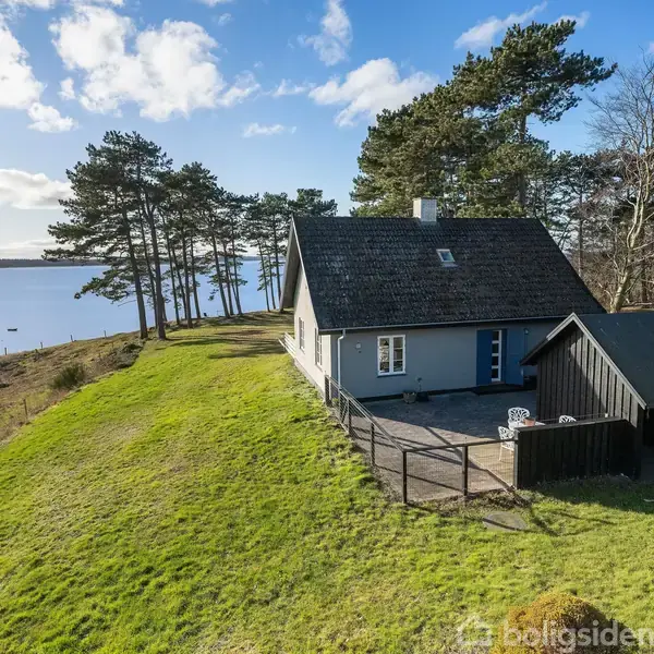 En stue med åben dør ud til skov og havudsigt til venstre og en brændende pejs til højre. Det lyse træinteriør skaber en varm atmosfære.