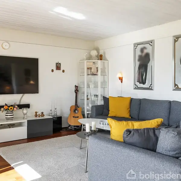 Gråt sofaarrangement med gule puder i en stue; fladskærms-TV på væg, reol med glaslåger, dekorative billeder. Trægulv og tv-bord med dekorative elementer. Guitaren står ved hjørnet.