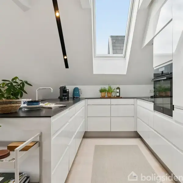 Hvidt, moderne køkken med indbyggede hårde hvidevarer. Planter står på bordpladen. Ovenlys vindue lyser rummet op, og en sort lampe hænger fra loftet.