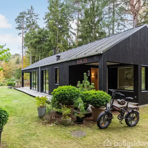 Sort træhus med store vinduer, omgivet af grønne planter og græsplæne. En cykel står ved siden af en terrasse, og omkring huset er der høje træer. Tekst: "HÄKMA" over indgangen.