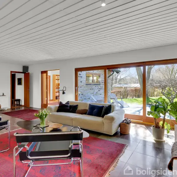 En stue med en hvid sofa, placeret foran store vinduer. To røde tæpper dækker gulvet, omgivet af moderne stole og planter. Sollys strømmer ind fra haven udenfor.