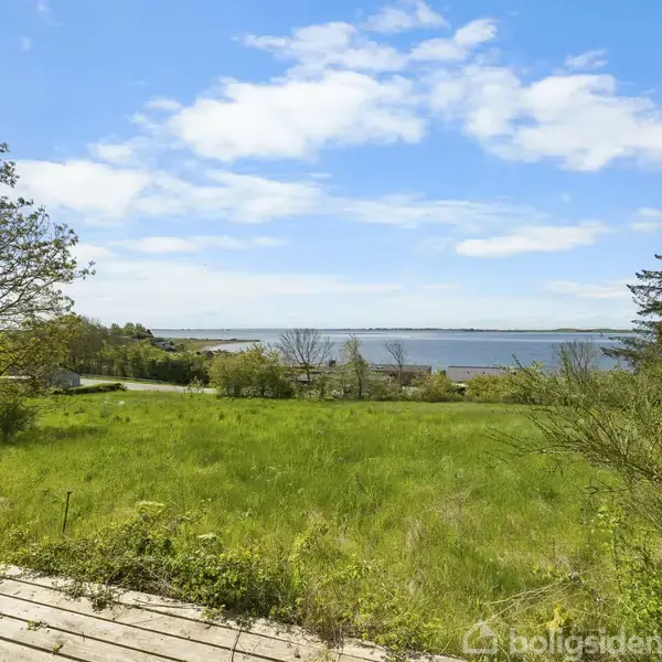 Træterrasse fører til en grøn græsplæne med udsigt over vandet og spredte træer under en blå himmel med få skyer.