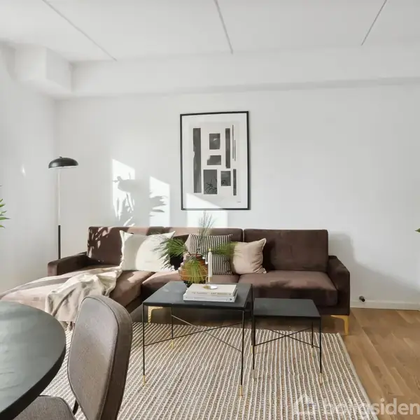 En brun sofa med puder står foran en hvid væg med et moderne maleri. En sort gulvlampe og et sofabord med bøger og planter er i en lys stue.
