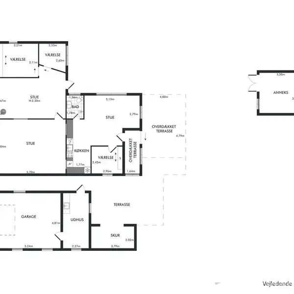 Plantegning viser rum som "Værelse", "Stue", "Køkken", "Bad", "Garage", "Lofthus", "Terrasse", "Overdækket Terrasse" og "Anneks". Tekst: "Vejledende plantegning uden ansvar".