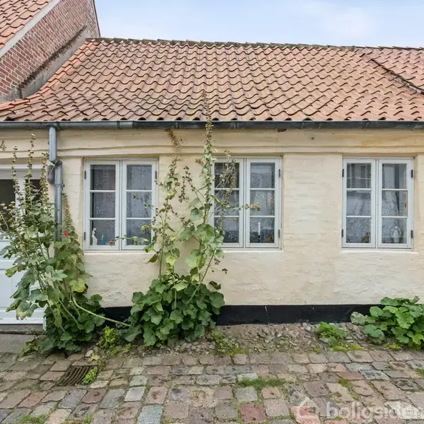 Et lille hus med gule murstensvægge og rødt tegltag står i en smal brolagt gade. To vinduer og en hvid dør dominerer facaden, omgivet af grønne planter.