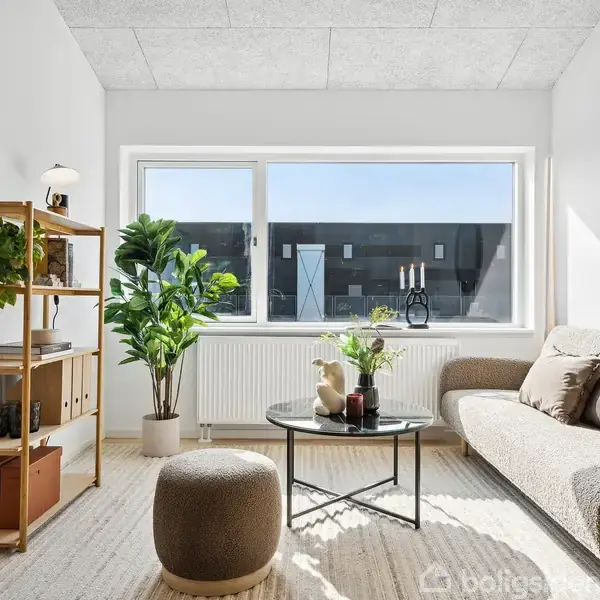 En hyggelig stue med en grå sofa, et rundt sofabord og en taburet. En reol med planter og bøger står til venstre, mens et rundt vægspejl hænger til højre.