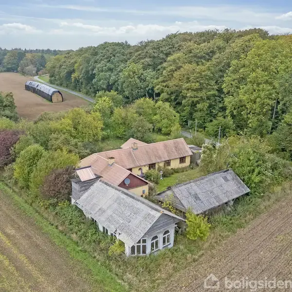 Et gammelt hvidt bondehus med flere tilstødende bygninger ligger omgivet af en frodig have og marker. En grusvej løber langs huset, med en skov i baggrunden.