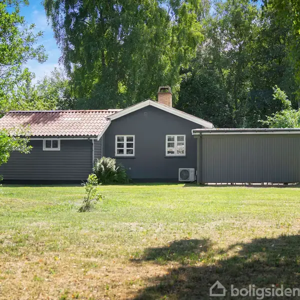 Grå træhus står i grøn have, omgivet af træer. Huset har rødt tegltag og en skorsten. Græsplænen er velplejet og belyst af sollys.