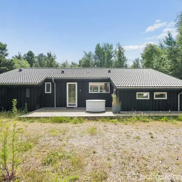 Sort træhus med grått tag står stille på en solrig grund omgivet af grønne træer. Foran huset er en terrasse med en rund beholder og krukkeplanter.