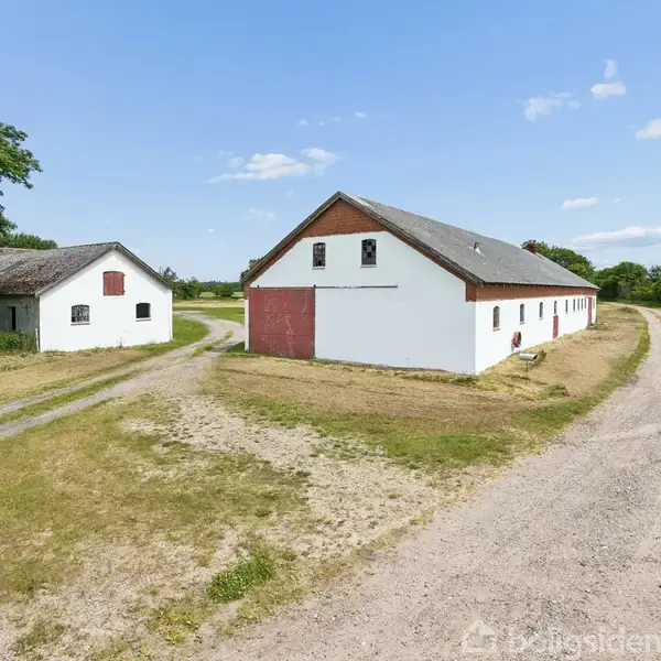 En hvid lade med rød port står på en grusvej omkranset af græs og træer under en blå himmel. En mindre bygning ses til venstre.