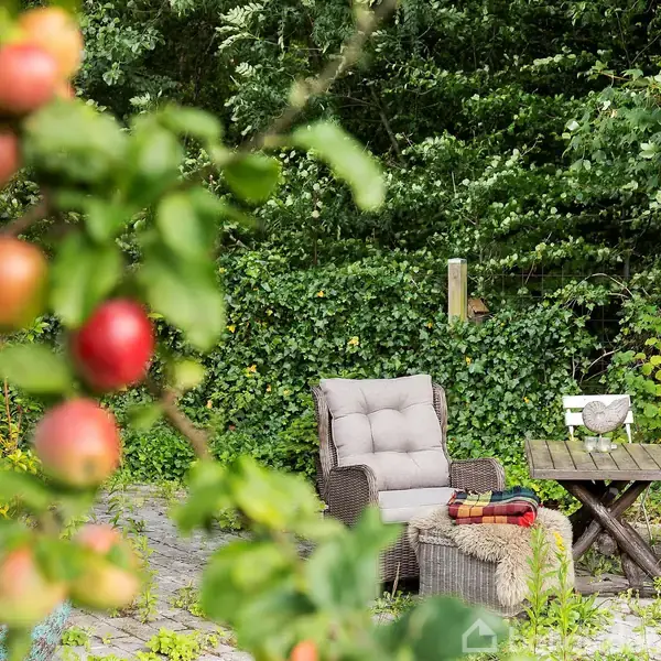 Et æbletræ med røde æbler hænger foran en terrasse. På terrassen står en komfortabel stol med puder, et bord, samt et par hvide stole. Grønt løv omgiver området.