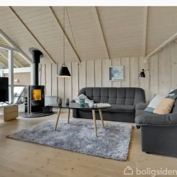 Sofaer står i en stue med trævægge, pejs og tæppe, omgivet af minimalistiske møbler og store vinduer, der giver naturligt lys. Der hænger lamper fra loftet.