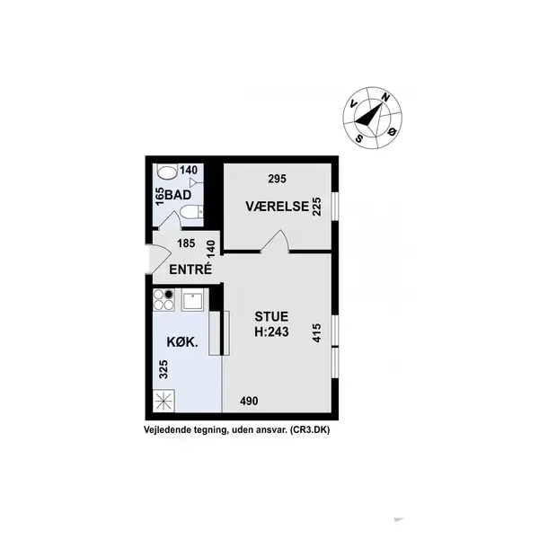 Plantegning viser en lejlighed med rum: Entré, køkken, bad, stue (H:243), og værelse. Mål angivet i cm: bad (165x140), værelse (295x225), stue (490x415). Vejledende tegning, uden ansvar. (CR3.DK)