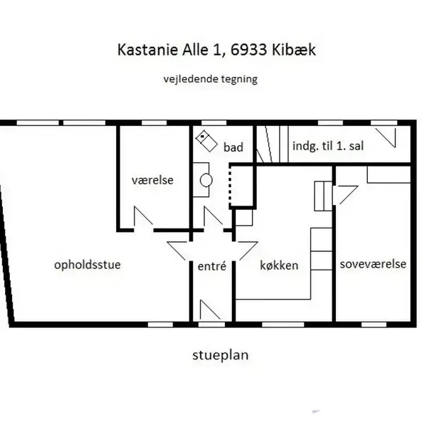 Plantegning af en etage, viser flere rum: stue, værelse, køkken, soveværelse, entré og badeværelse. Teksten "Kastanie Alle 1, 6933 Kibæk, vejledende tegning, stueplan" er øverst.
