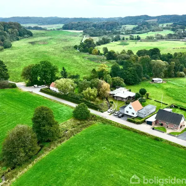 Huse langs en vej omgivet af grønne marker og skovklædte bakker i det fjerne, beliggende i et åbent landdistrikt med spredt beplantning og rig natur.