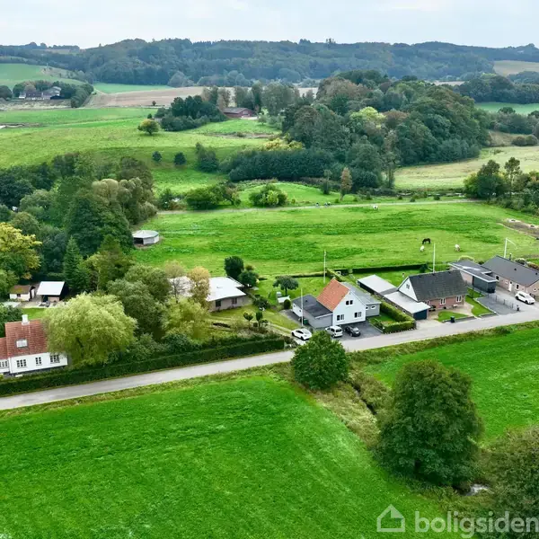 Huse står langs en vej i et frodigt, grønt landskab med marker og træer. Baggrunden viser bølgende bakker og skovklædte områder under en overskyet himmel.