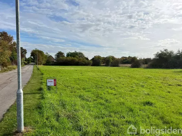 Græsplæne med et "home til salg" skilt står ved en vejkant. Træer og buske omgiver området under en delvis overskyet himmel.