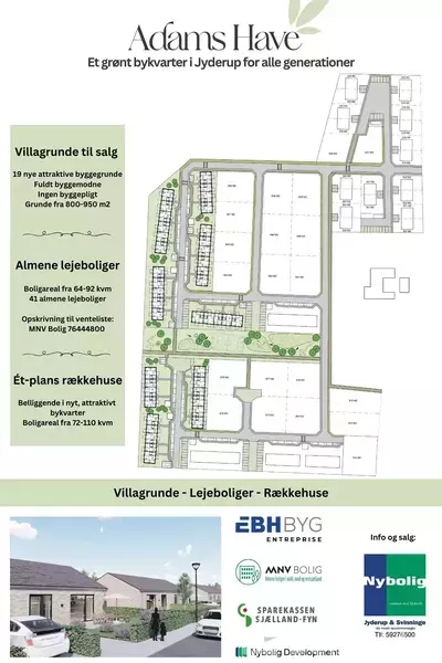Plan over boligområde med huse og grønne områder, med teksten: "Adams Have - Et grønt bykvarter i Jyderup for alle generationer." Inkluderer information om villagrunde, almene lejeboliger, og rækkehuse.