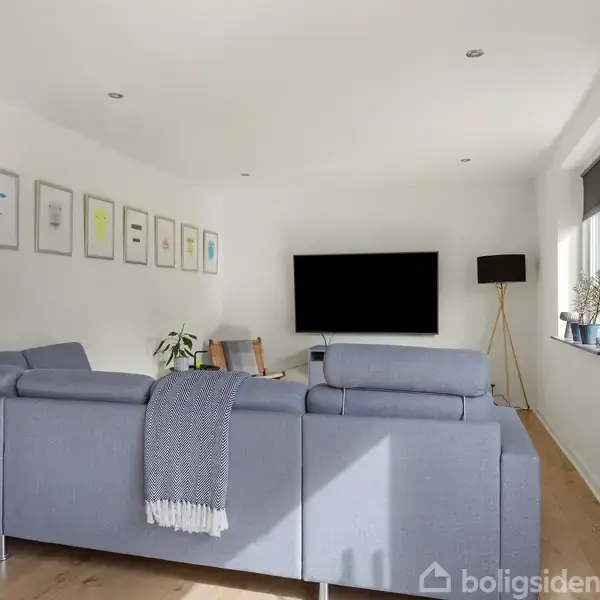 Blå sofa står i en stue, vendt mod en vægmonteret fladskærms-tv. Bagved hænger kunstfærdige billeder på væggen; til højre står en gulvlampe og et vindue.