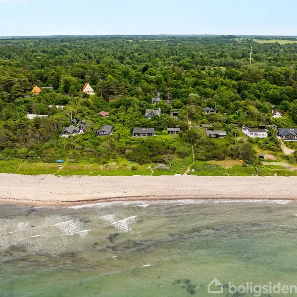 Kyst, bølger slår mod stranden, omgivet af grønne skove og huse i baggrunden, hvilket skaber et fredfyldt, naturligt miljø.
