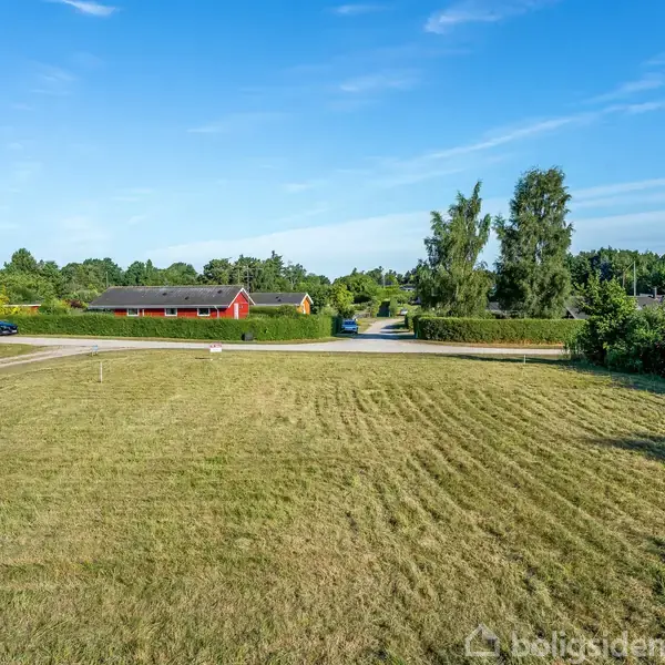 En velplejet græsplæne ligger stille foran en rød bungalow omgivet af grønne træer og buske, under en klar blå himmel i et boligområde.