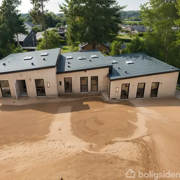 Fladt taghus ligger på sandbelagt grund, omgivet af spredt grønt løv, med flere vinduer og en moderne arkitektonisk stil. Bagved ses andre huse og træer i en tæt bebygget område.
