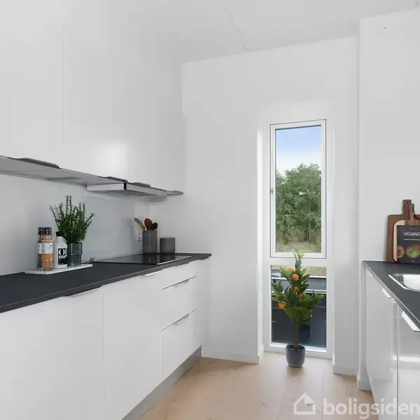 Et moderne køkken med hvide skabe og sort bordplade. En urtepotteskal og flasker står på bordet. Et vindue viser udsigt til træer udenfor.