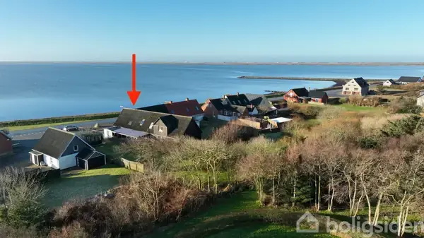 Et hus markeret med en rød pil står nær en række andre bygninger med udsigt over en stor vandflade. Landskabet omkring er præget af træer og åbne grønne områder.