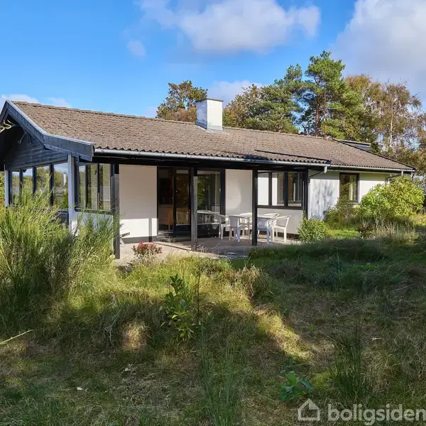 Et sommerhus med fladt tag og store vinduer står blandt højt græs og buske. Hyggelig terrasse med stole ses foran huset under en blå himmel med enkelte skyer.