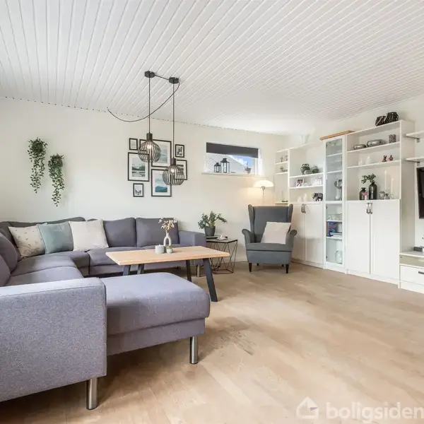 En moderne stue med en stor grå hjørnesofa, hvor et træbord står foran. Hylder med bøger og pynt fylder væggen til højre. Pynteplanter findes omkring i rummet.