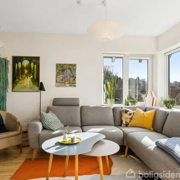 Gråt hjørnesofa står i en lys stue med store vinduer og udsigt til træer. Den er dekoreret med farverige puder og tæpper. Et rundt sofabord har en bakke med drikkevarer.