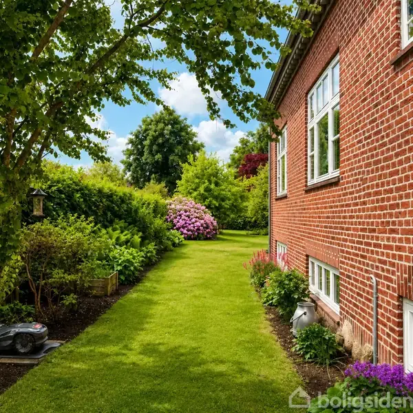 En græsplæne strækker sig langs en rød murstensbygning, flankeret af frodige buske og blomstrende busk ved enden. Lyseblåt skyer hænger i en klar, solrig himmel.